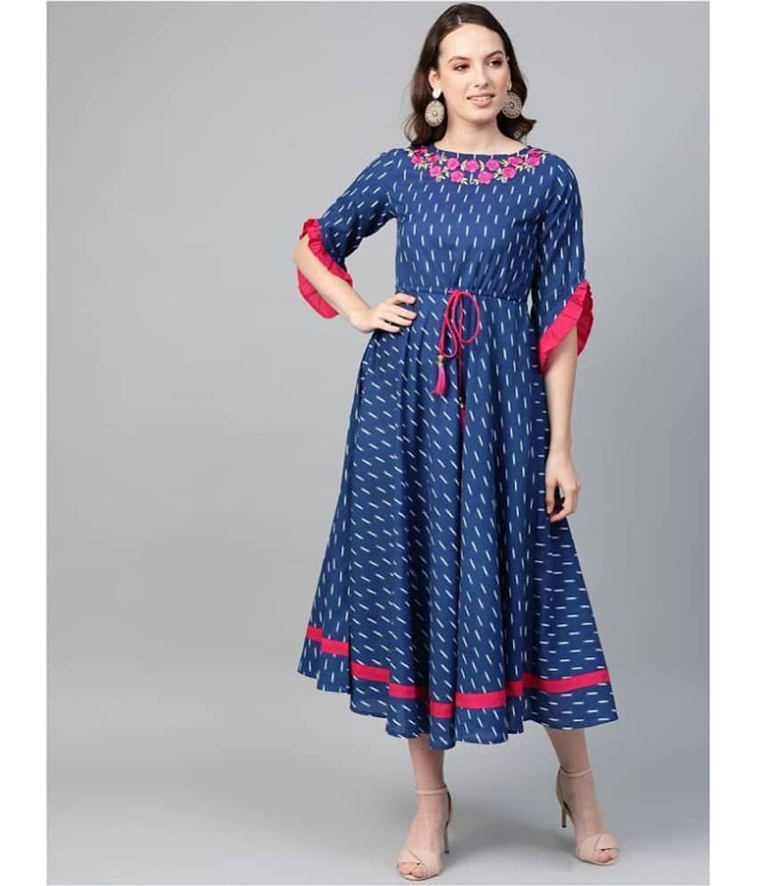 Yash Gallery Pack of 1 Cotton Blend Embroidered Flared Women's Kurti - ( Blue )