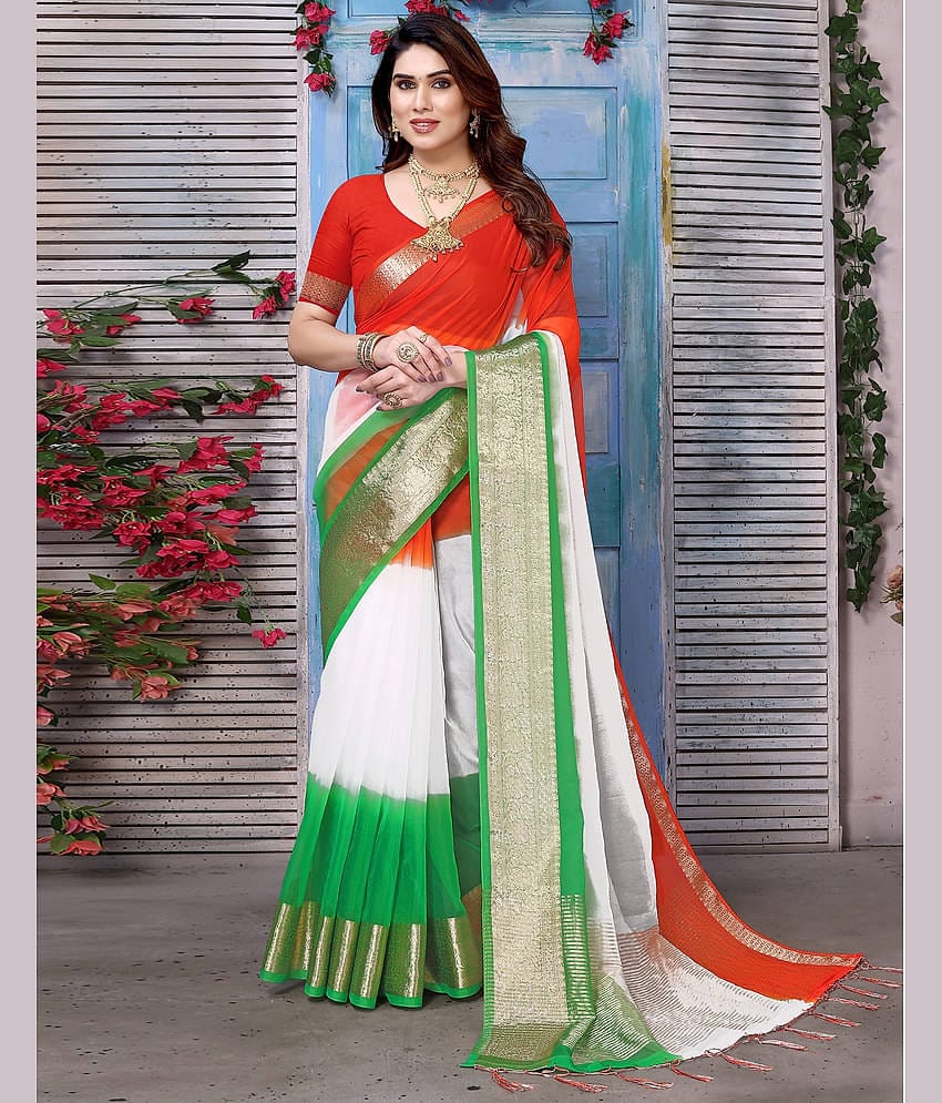Samah Organza Printed Saree With Unstitched Blouse Piece ( Multicolor )