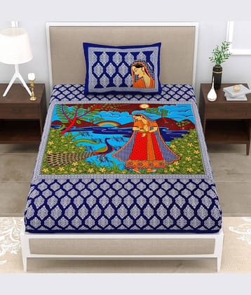 ABHACLOTHO Blue Cotton 1 Single Bedsheet with 1 Pillow Cover ( 215 cm x 150 cm )