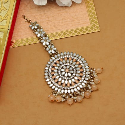 Peach Color Mirror Work Maang Tikka (MTK540PCH)-Length: 16.00 CM x Width: 6.00 CM / Peach / Alloy With Good Quality Gold Plated