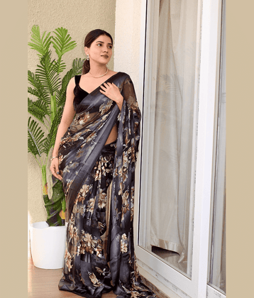 Sanwariya Silks Georgette Printed Saree With Unstitched Blouse Piece ( Black )