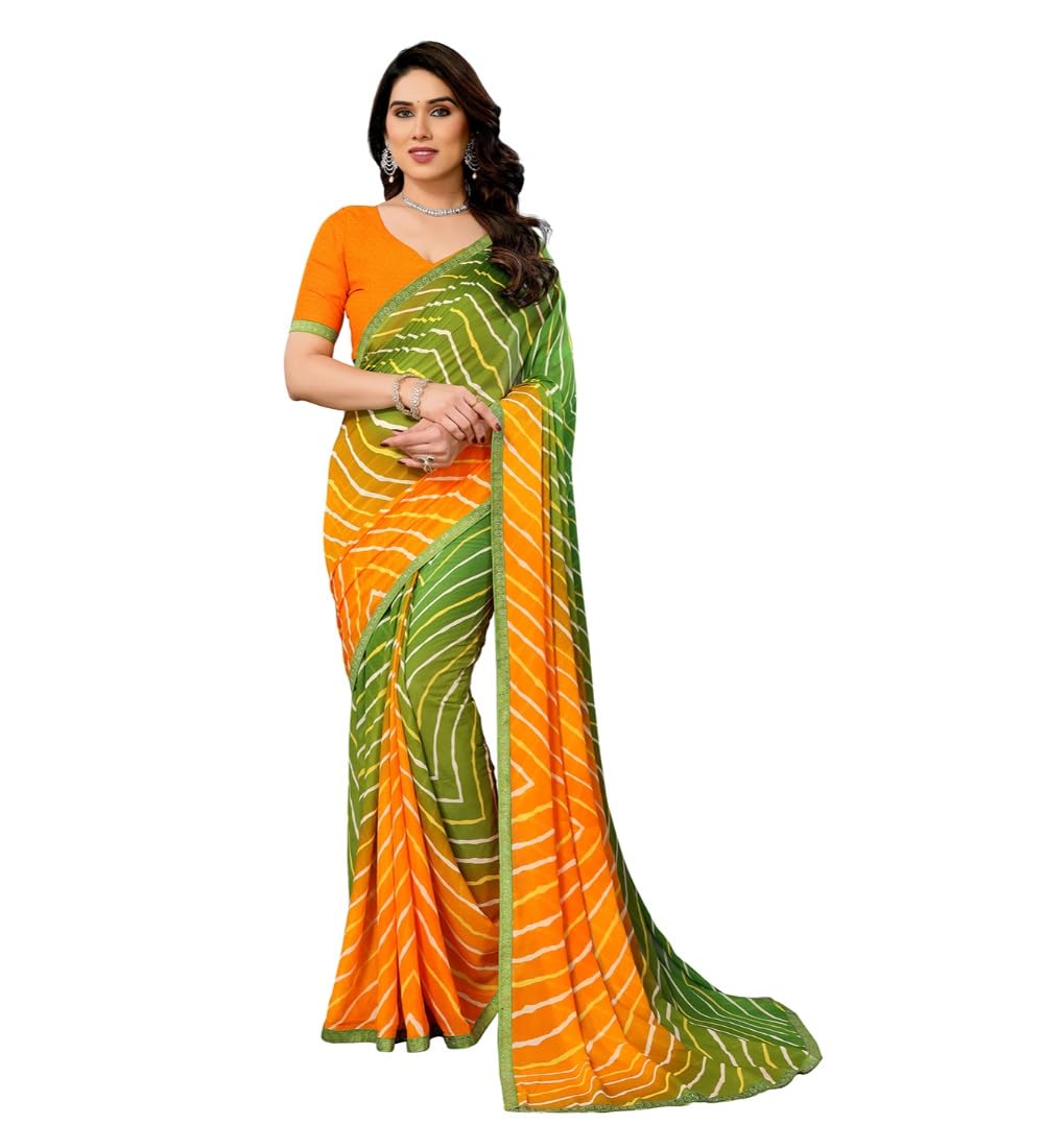 Women's Green Georgette Printed Saree with Unstitched Blouse 5.5Mtr