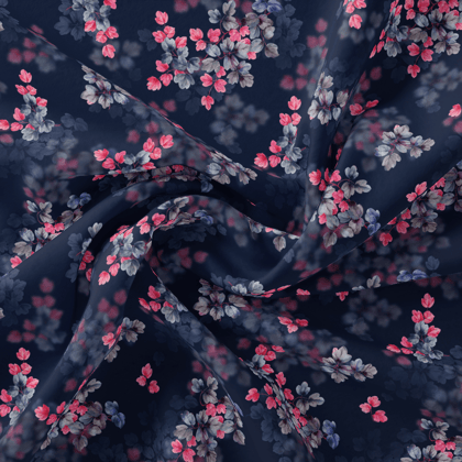 Pink And Gray Leaves With Blue Background Digital Printed Fabric-Polyester / Japan Satin / 110 CM | 43 Inch