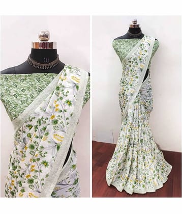 JIHANA FAB Chiffon Printed Saree With Unstitched Blouse Piece ( Green )