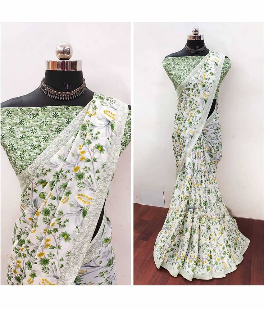 JIHANA FAB Chiffon Printed Saree With Unstitched Blouse Piece ( Green )