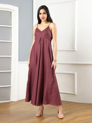 Plum Linen Flared Maxi Dress-XS