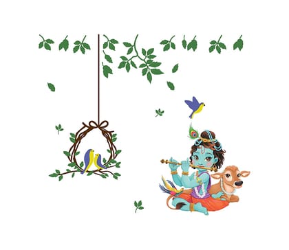 DreamKraft Lord Krishna Playing Murli with Birds PVC Vinly Wall Stickers (Multicolor, 63 cm X 92 cm)