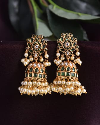 Flower Model Uncut Kemp Stones Jhumka Earrings - Green