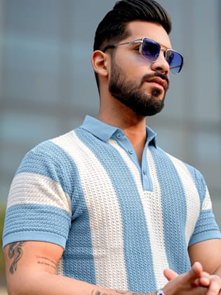 Vertical Stripe FlatKnit Cotton Blue Polo T-Shirt-S