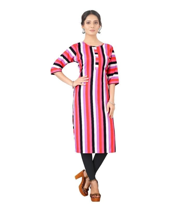 Women's Casual 3/4th Sleeve Printed Crepe Kurti (Pink, L)-PID46129