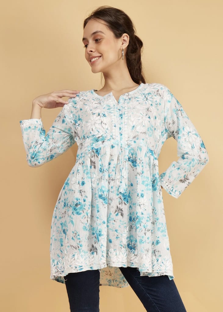 Mulmul Short Frock Style Kurti - Floral Print Blue