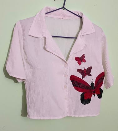 Kajal Creation Butterfly Graphic Printed Crop Shirt for Women | Pink | Size M Kajal Creation Butterfly Graphic Printed Crop Shirt for Women | Pink | Size M