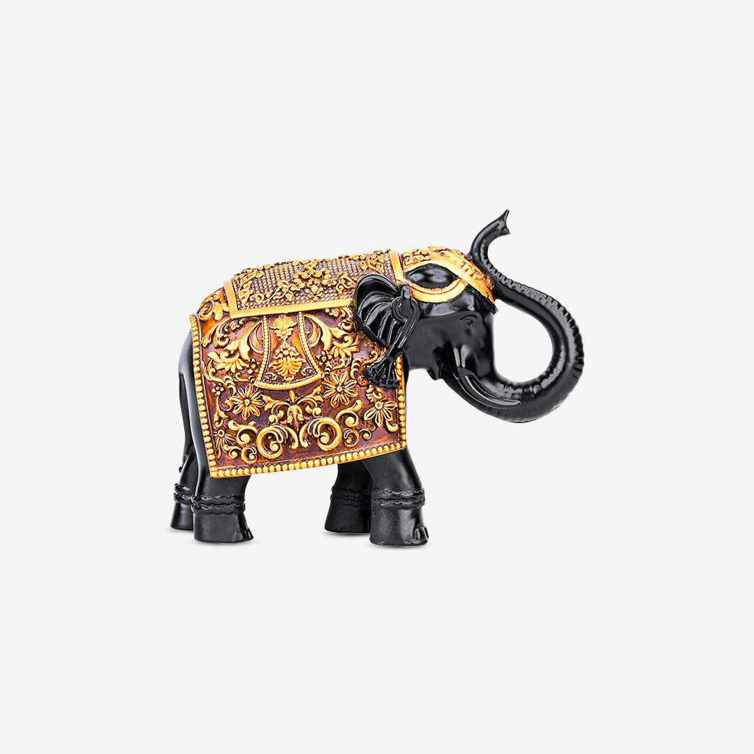 Artarium Intricate Designed Handcrafted Royal Golden Black Attractive Elephant Good Luck Fengshui Vastu Elephant Idol Figurine Decorative Showpiece for Home Decor Gift Item (Black 4.9 Inch Pack of 2)