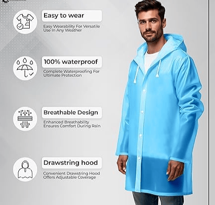 Pvc Matrial Premium Unisex Transparent Rain Suit ,Eco-friendly PVC material, stylish printing, thin design, smooth fabric, waterproof Stretchable, no shrinkage, effectively waterproof, comfortable and durable.