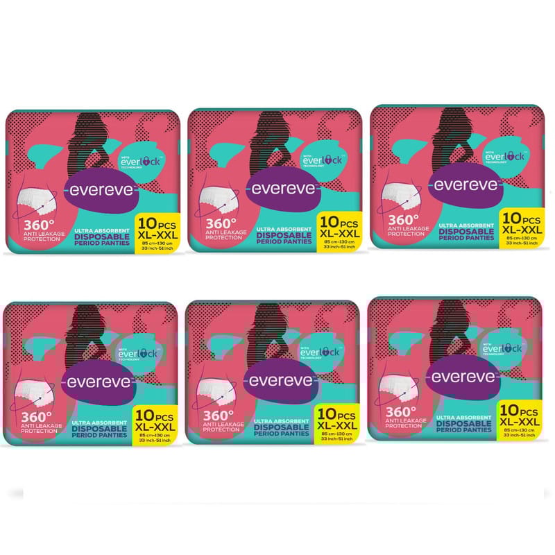 Evereve Ultra Absorbent Disposable Period Panties, Xl-Xxl, 6X10's Pack, 0% Leaks, Sanitary Protection For Women & Girls, Maternity Delivery Pads, 360? Protection, Postpartum & Overnight Use, Heavy Flow, Pack Of 60