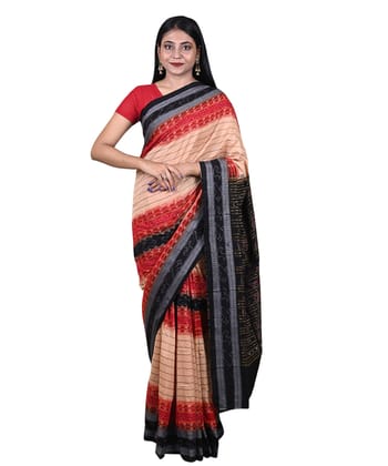 Beige red black colour handwoven cotton saree Beige red black colour handwoven cotton saree