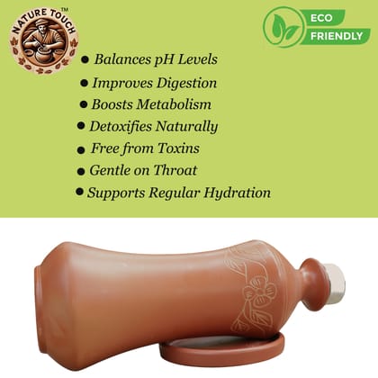 Nature Touch Alkaline Clay Water Bottle  Handcrafted Terracotta for Home, Office, Travel