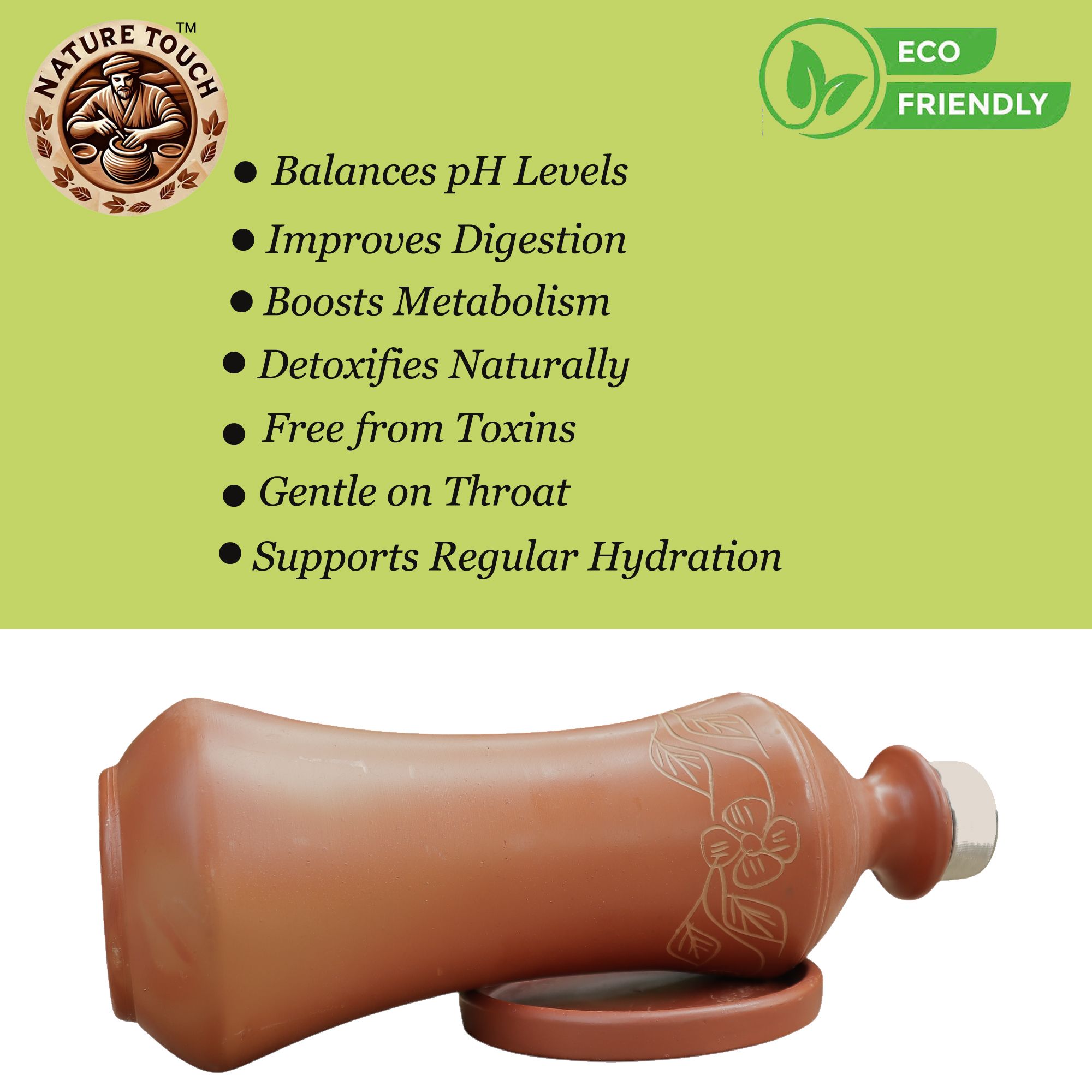 Nature Touch Alkaline Clay Water Bottle Handcrafted Terracotta for Home, Office, Travel