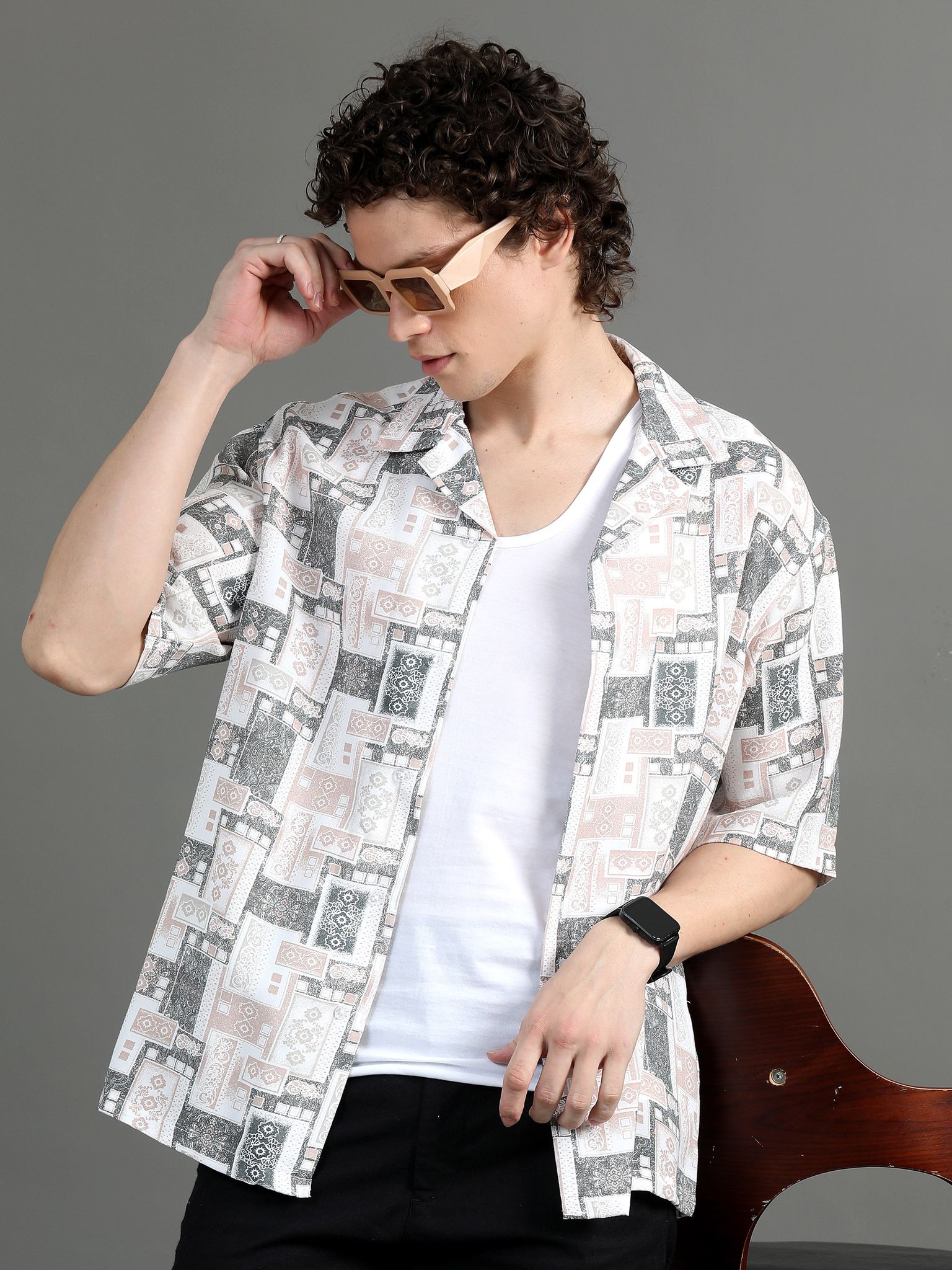 Premium Men Summer Shirt, Oversized Fit, Viscose Rayon, Half Sleeve, Printed-S / Printed White
