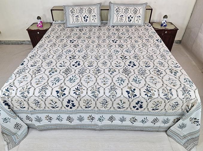 Bedsheet Set with Pillow Covers, Floral Print Cotton, Size 9 Feet X 9 Feet Color Floral Print Cotton.