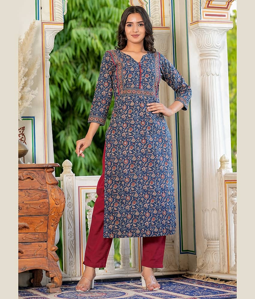 Vbuyz Cotton Printed Straight Women's Kurti - Blue ( Pack of 1 )