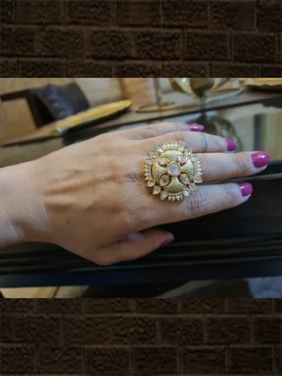 Enamel work kundan and AD adjustable ring with tear drop kundan outline-MINT