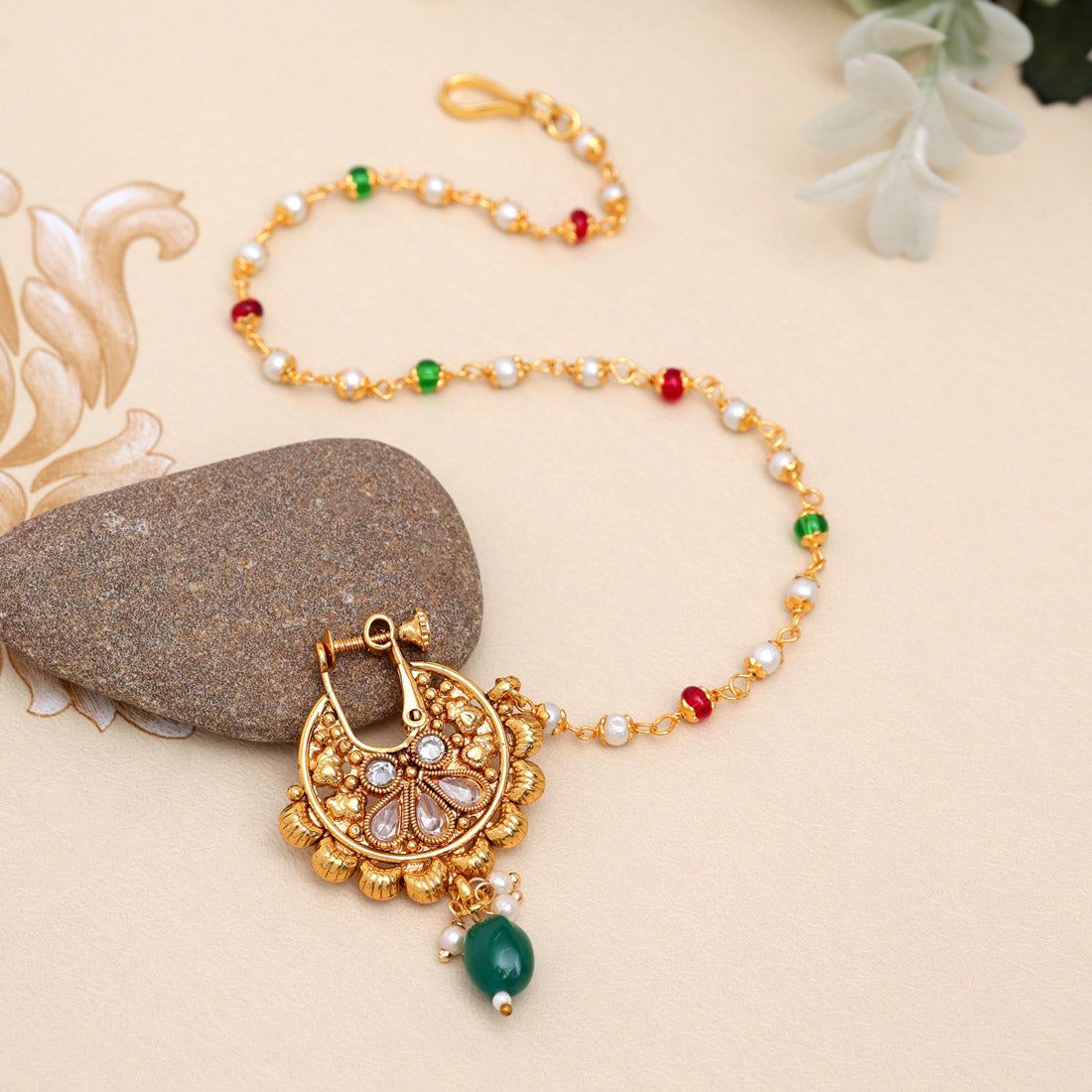 Green & Maroon Color Nose Nath (NTH346GM)-Length: 22.00 CM x Width: 0.20 CM / Green / Alloy With Good Quality Gold Plated