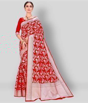 Dressy Banarasi Silk Printed Saree With Unstitched Blouse Piece ( Red )