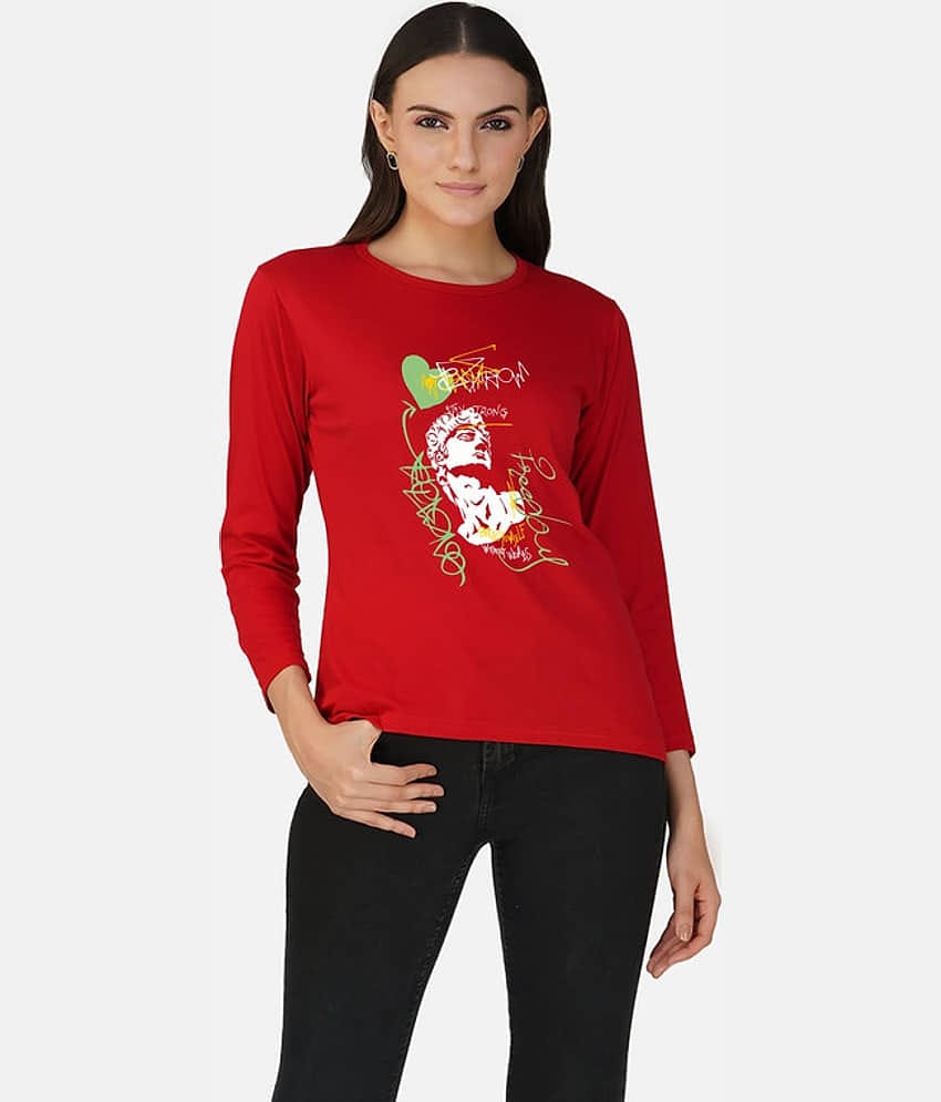 CHOZI Women Cotton Printed Regular Fit Round Neck T-Shirt ( Red )