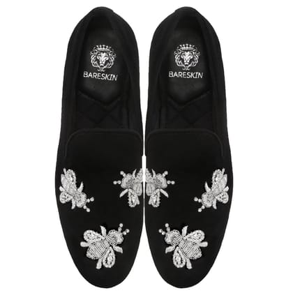 Black Velvet Honey Bee Silver Zardosi Embroidery Slip-On Shoes By Bareskin-43/9