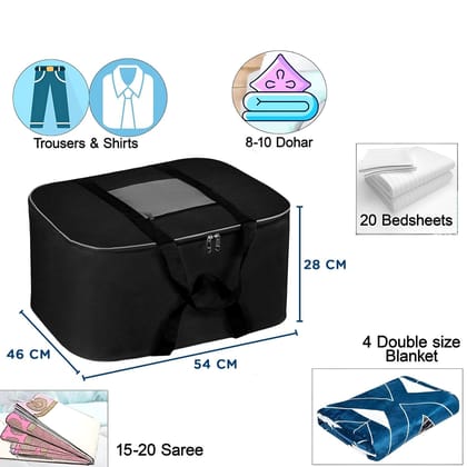 Storite Moisture Proof Nylon Large Size Underbed Storage Bag For Clothes (54 x 46 x 28 cm) - Black, Rectangular
