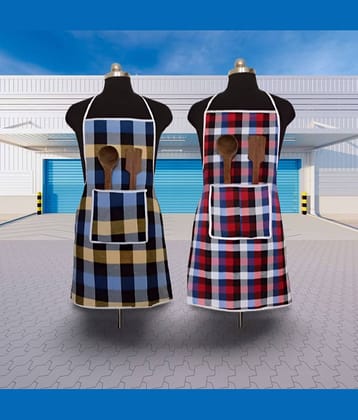 CreadCraft Cotton Checks Kitchen Apron with 1 Center Pocket ( Pack of 2 )