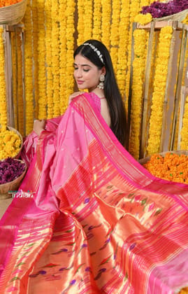 Rajsi~Handloom High Quality Pure SIlk Paithani With Most Traditional Double Pallu~ Feroze Pink (By Govt Certified Weavers)