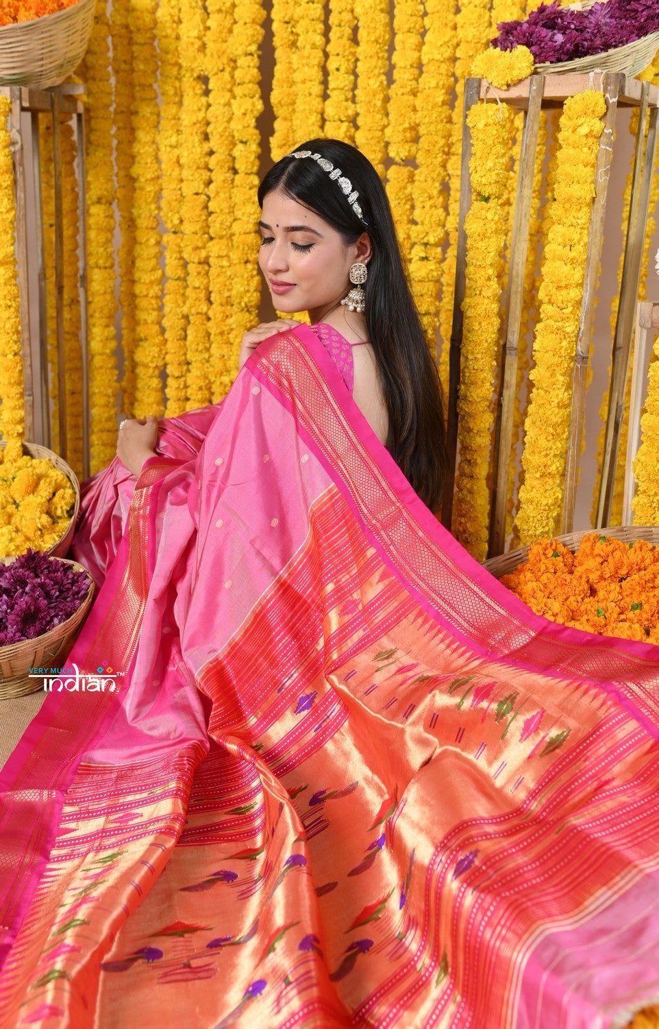 Rajsi~Handloom High Quality Pure SIlk Paithani With Most Traditional Double Pallu~ Feroze Pink (By Govt Certified Weavers)