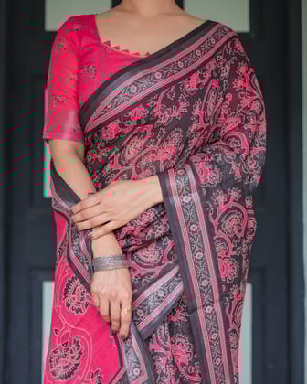 Pure Cotton Linen Saree in Black and Pink with Floral Print and Tassels-Regular