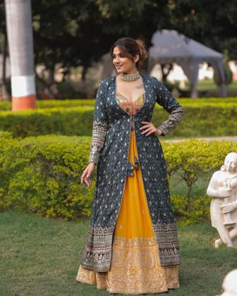 Party Wear Look Heavy Embroidery Sequence Work Lehenga and Koti
