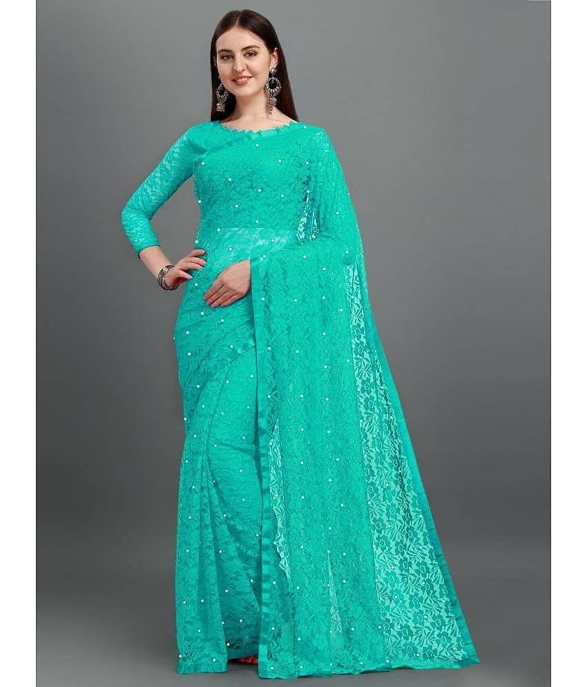 VANRAJ CREATION Brasso Self Design Saree With Unstitched Blouse Piece ( Blue )