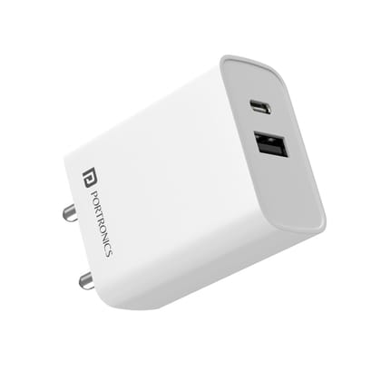 Portronics Adapto 70 White - 33W Fast Charger Adapter with Dual Output (USB + Type C) Supports PPS Charging Via Type C Port, 27W Dash, Warp 27W, Dart