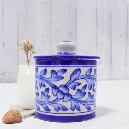 Blue Pottery Jar with Lid - White