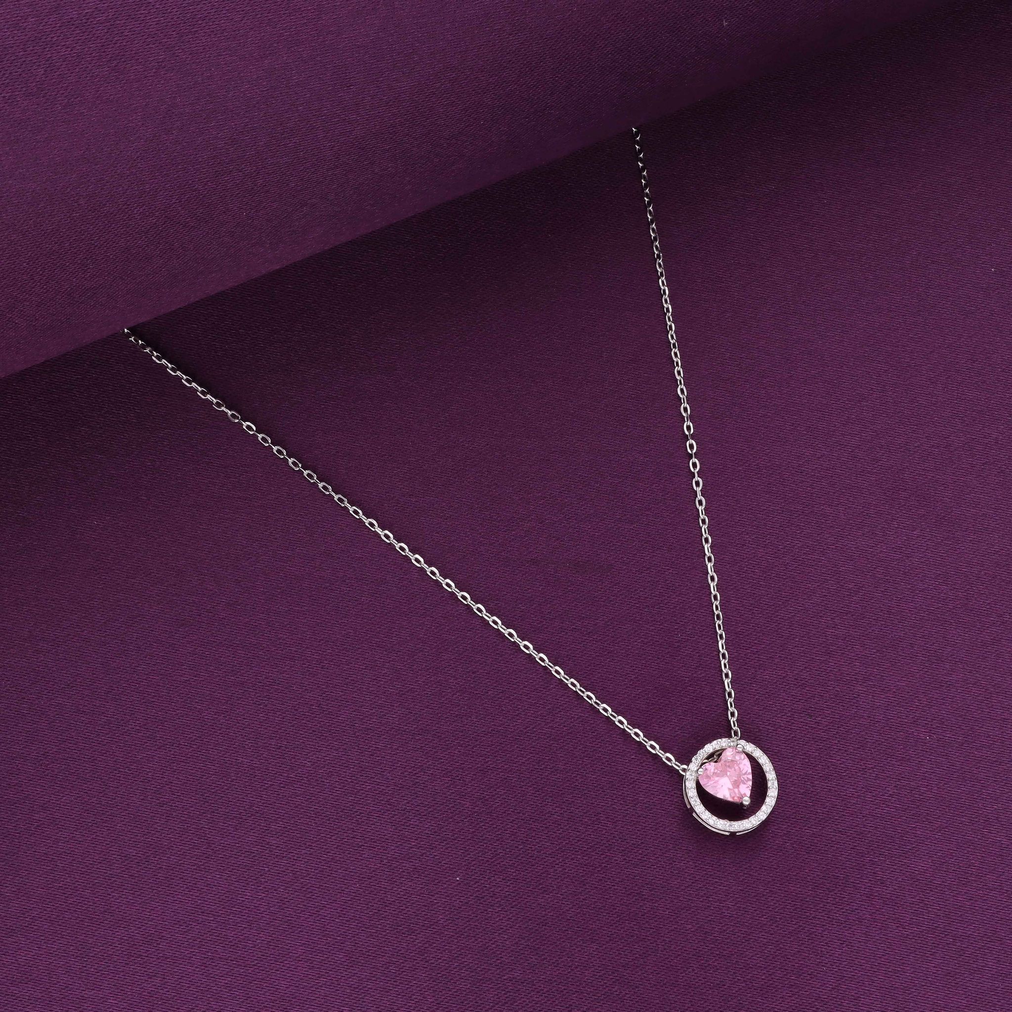 Sterling Silver Pink Zircon Heart Necklace-Pink Stone / Silver