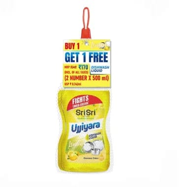 Ujjiyara Liquid Dishwash Lemon - Removes Odour, 500 ml (Buy 1 Get 1)
