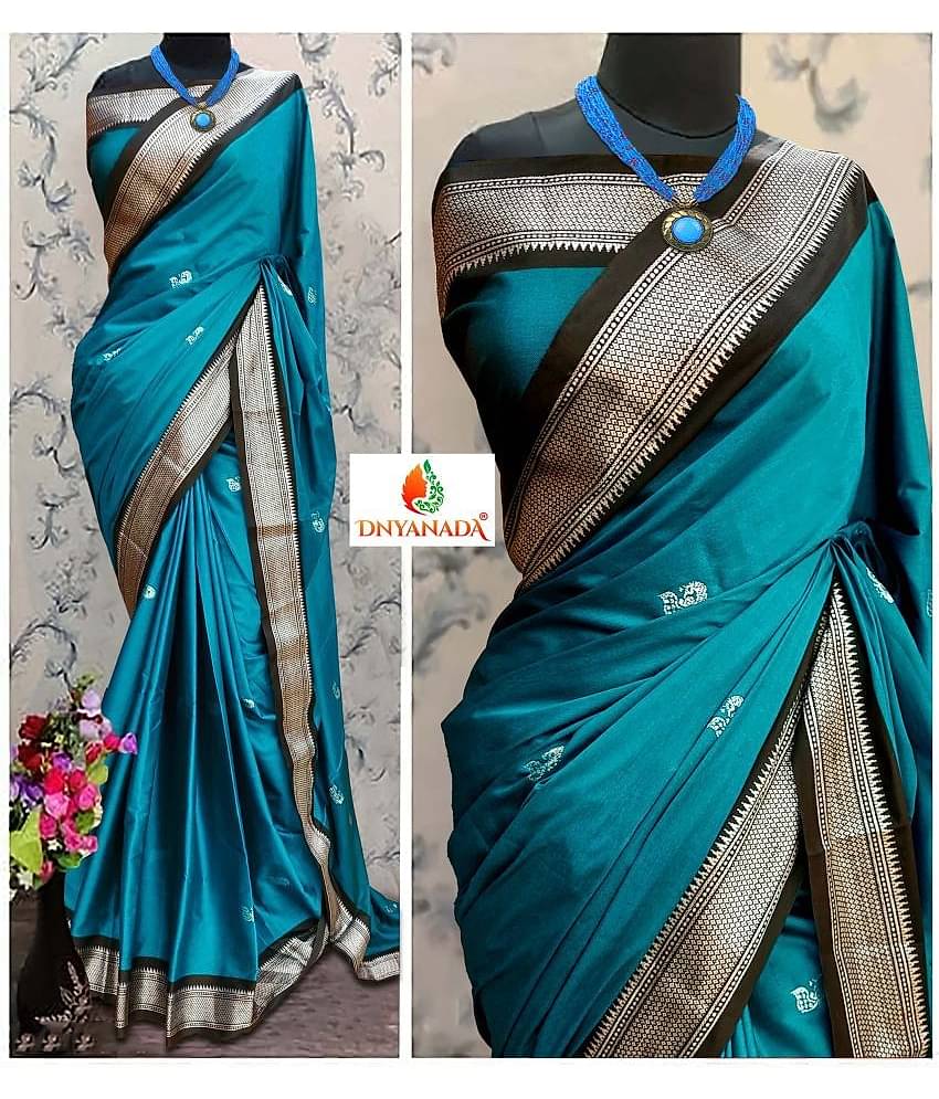 Mysstre Cotton Silk Woven Saree With Unstitched Blouse Piece ( Teal )