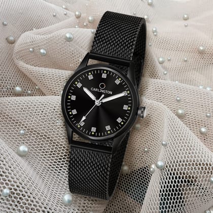 Carlington Elite Ladies Self Adjustable Mesh Strap Water Resistant Analog Watch - For Women CT2003 Black