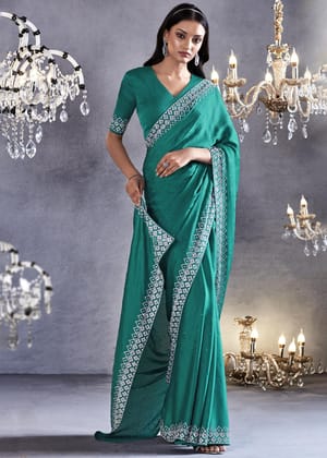 Aqua Blue Woven Embroidered Satin Silk Saree