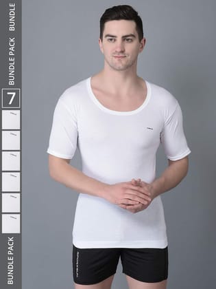 Men's White Pack of 7 Solid Combed Cotton Shrinkless Vest