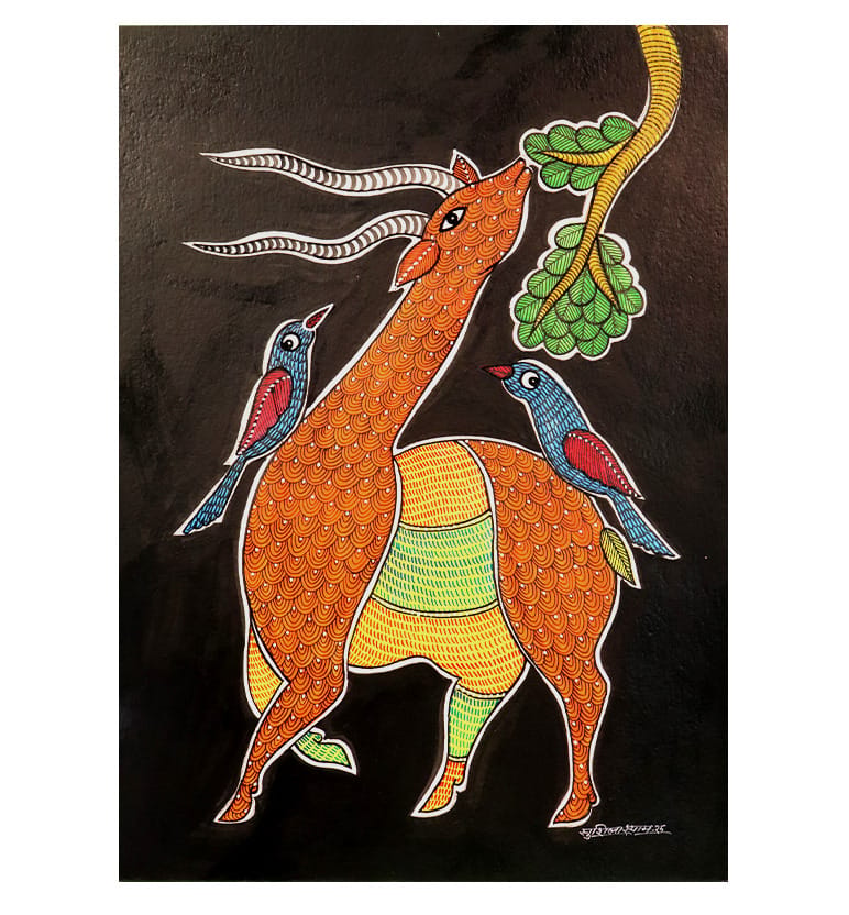 Handcrafted Gond Antelope with Birds Painting | Traditional Tribal Folk Art of Madhya Pradesh