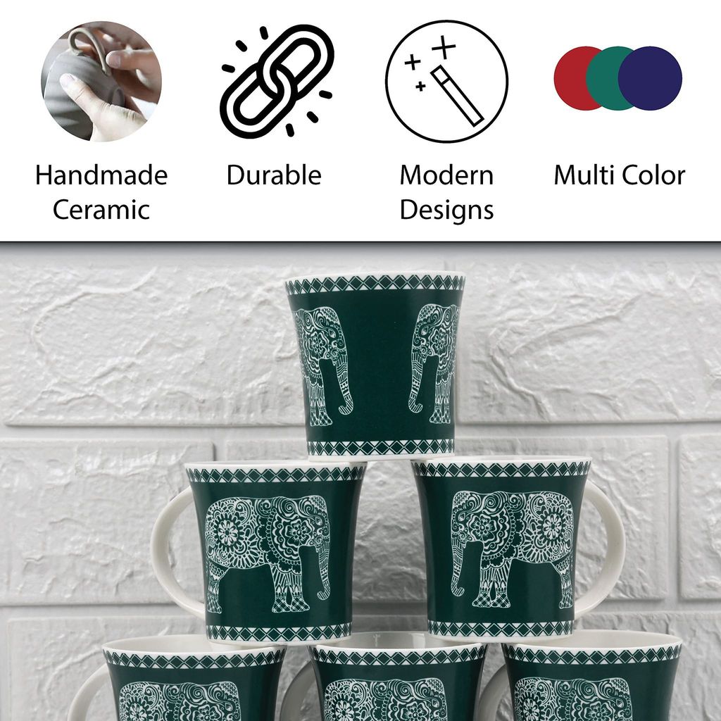 Femora Turquoise Majestic Elephant Design Tea Cups, Ceramic Tea Cups, Coffee Mugs (160 ml) - 6 Pcs Set (Green)