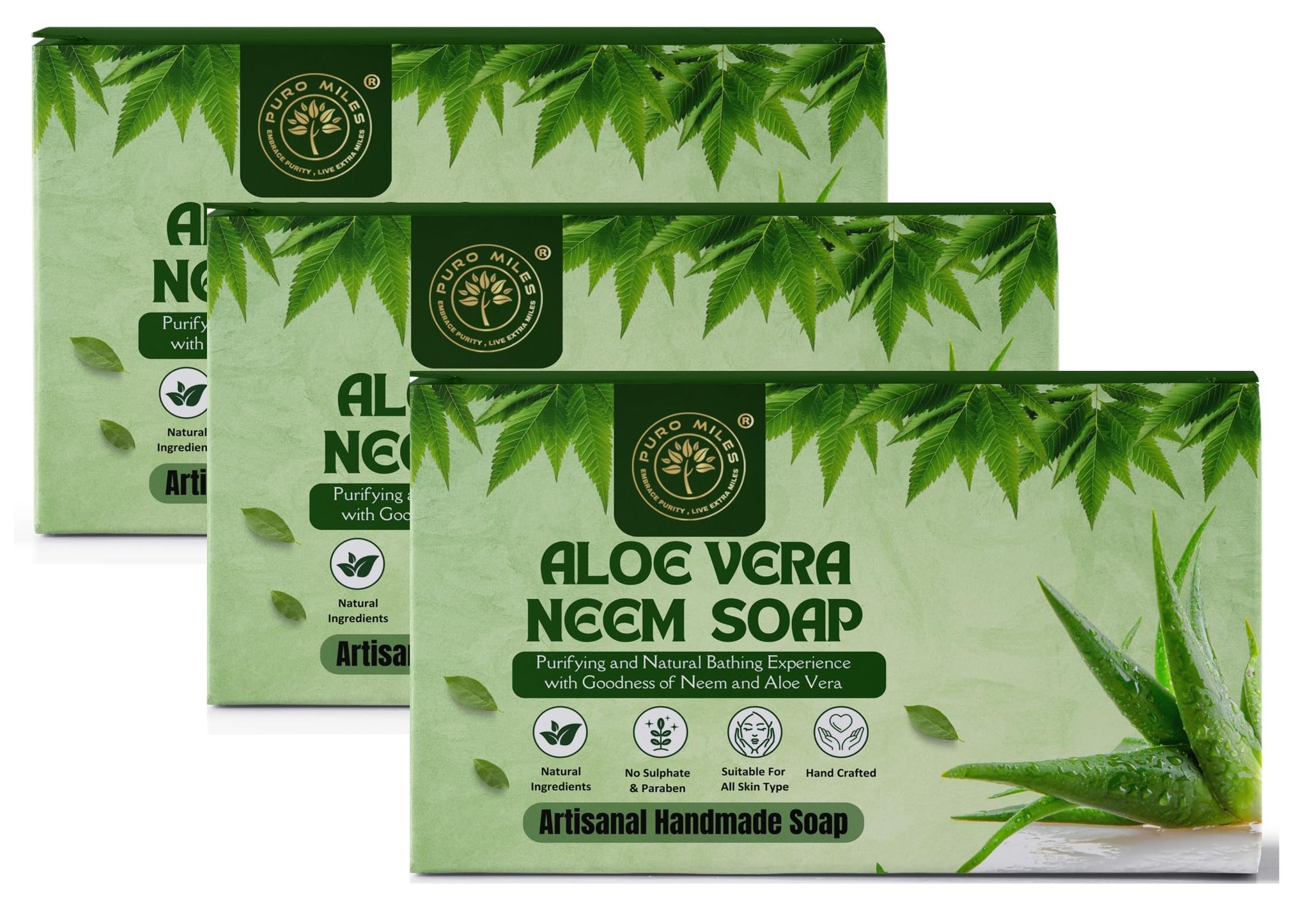 Puro Miles Handmade Neem Aloe Vera Soap | Organic &Natural |Paraben & SLS Free | Enriched with Essential Oils and Vitamin E