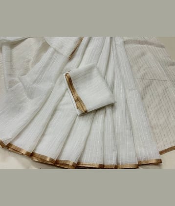 BYUPRI Linen Woven Leheriya Saree With Unstitched Blouse Piece ( White )