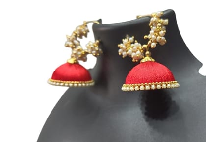 Red and White Silk Thread Jhumka Earrings with Pearl Beads